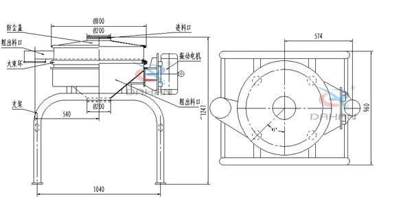 單振源直排篩機構和持續：防塵蓋（mm）：800進料口（mm）：200結構;防塵蓋，大束環，支架，振動電機，進料口等。
