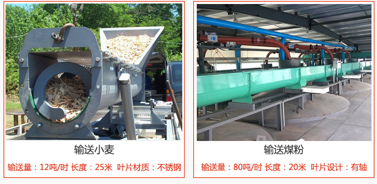 絞龍螺旋輸送機輸送小麥輸送量在12噸/時，長度為25米，葉片采用不鏽鋼材質；輸送水泥輸送量在80噸/時，長度為20米，葉片設計為有軸。