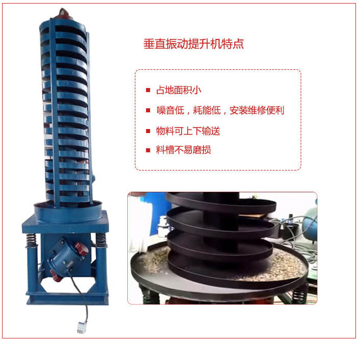 DZC垂直振動提升機主要特點：產品占地麵積小，便於工藝布置。物料殼向上輸送，亦可向下輸送。噪音低，結構簡單，安裝，維修便利。能耗小，節約電能，料槽磨損小。