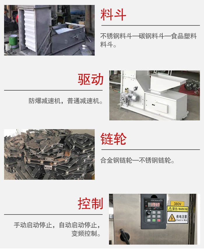 z型鬥式提升機料鬥：不鏽鋼料鬥-碳鋼料鬥-食品塑料料鬥。驅動裝置采用的式防爆減速機，普通減速機兩種。鏈輪采用合金鏈輪-不鏽鋼鏈輪控製器：手動啟動/停止，以及自動啟動停止。