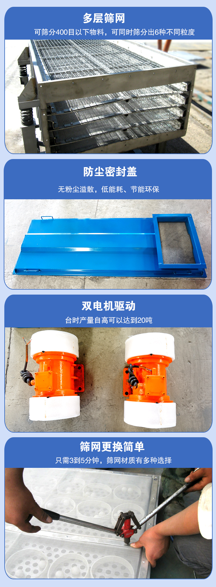 直線麻豆免费版免费下载的特點：多層篩網：可篩分400目以下物料，可同時篩分出6種不同粒度。防塵密封蓋：無粉塵溢散，低能耗，。雙電機驅動：台時產量高可以達到20噸。篩網更換簡單：隻需3到5分鍾，篩網材質有多種選擇。